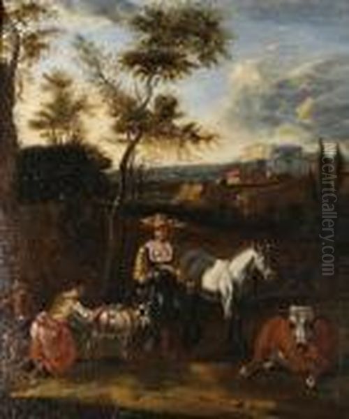 Landscape With Figures And Cattle Oil Painting by Nicolaes Berchem