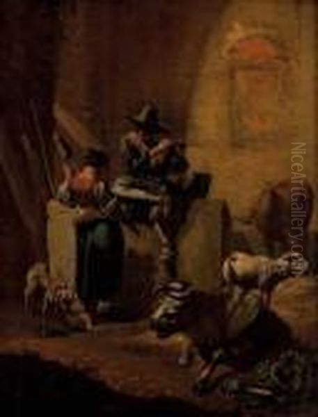 Flotespielender Hirtenjunge Und Madchen Mit Spinnrocken Oil Painting by Nicolaes Berchem