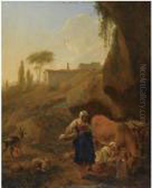 A Rocky Southern Landcape With 
Two Peasant Women With Their Flockand Cattle Halting Near A Stream Oil Painting by Nicolaes Berchem