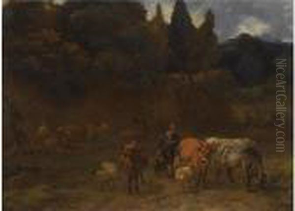 An Italianate Wooded Landscape With Shepherds Herding Their Sheepand Cattle Oil Painting by Nicolaes Berchem