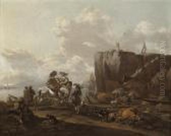 A Coastal Landscape With 
Merchants On Horseback, A Drover Loadingcattle Onto A Boat, And A Town 
Beyond Oil Painting by Nicolaes Berchem