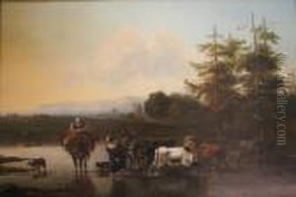 Peasants With Cattle At A Country Pool Bears Signature Verso Oil Painting by Nicolaes Berchem