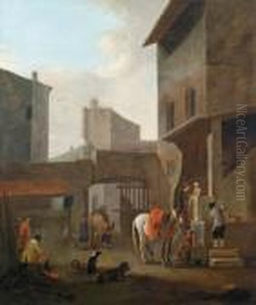 Cavaliere In Sosta Presso Una Fontana In Un Cortile Oil Painting by Nicolaes Berchem