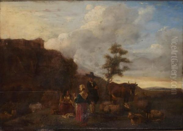 Pastoralt Landskap Med Boskap Och Herdepar Oil Painting by Nicolaes Berchem