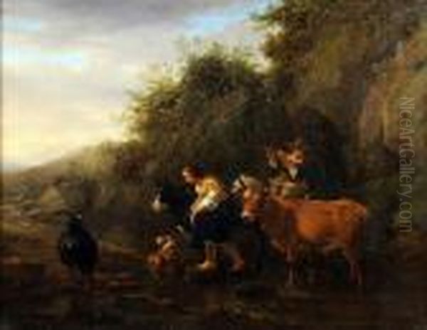 A Flautist Herdsman And His Sweetheart Oil Painting by Nicolaes Berchem