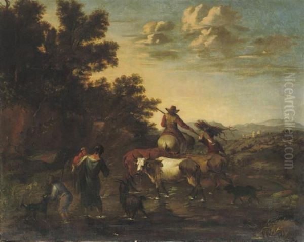 A Shepherd Family With Their Cattle Fording A Stream In Anitalianate Landscape Oil Painting by Nicolaes Berchem