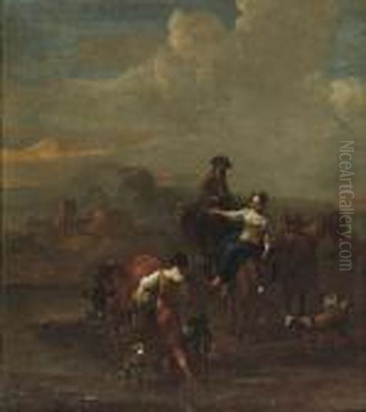 Herdsmen And Their Cattle In An Italianate River Landscape Oil Painting by Nicolaes Berchem