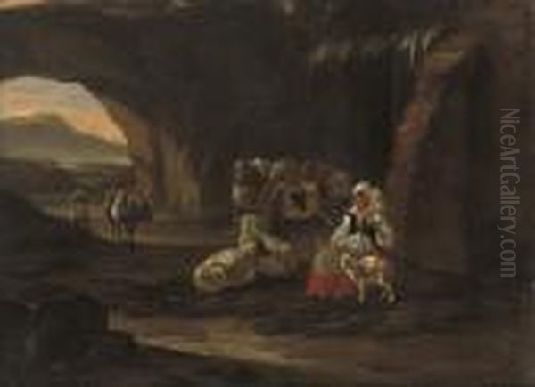 A Rocky Wooded Landscape With A Drover And Shepherdess At Rest Withtheir Flock Oil Painting by Nicolaes Berchem