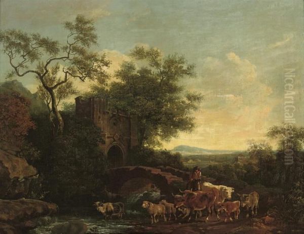 An Italianate Wooded River Landscape With A Drover And His Cattleby A Bridge Oil Painting by Nicolaes Berchem