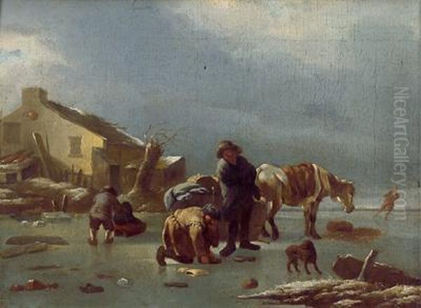 Eislaufer Und Einpferdeschlitten Auf Einem Gefrorenen Gewasser Oil Painting by Nicolaes Berchem