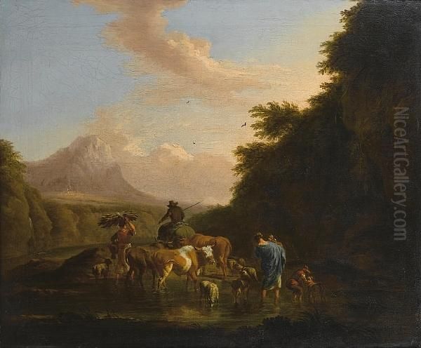 A Mountainous Landscape With A Drover And Hiscattle Fording A Stream Oil Painting by Nicolaes Berchem