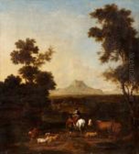 Italienskt Landskap Med Figurer Och Boskap Oil Painting by Nicolaes Berchem