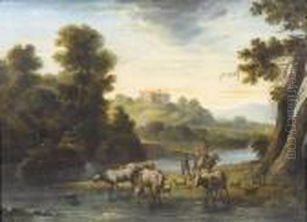 Italienische Flusslandschaft Mit Hirten. Oil Painting by Nicolaes Berchem