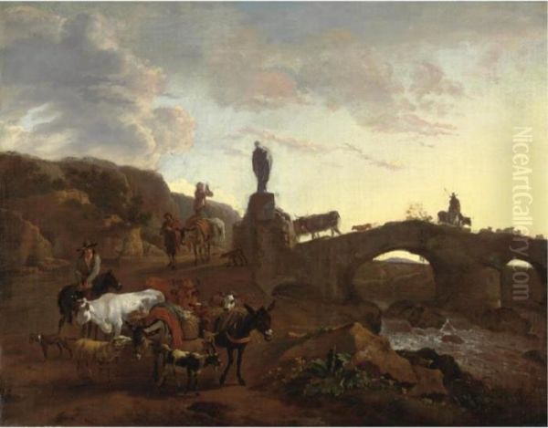 Scena Con Contadini E Viandanti Presso Un Fiume Oil Painting by Nicolaes Berchem