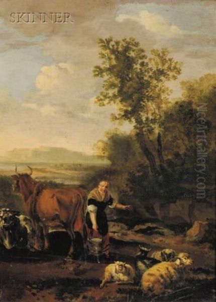 Woman Carrying A Milk Bucket With Livestock In Alandscape Oil Painting by Nicolaes Berchem