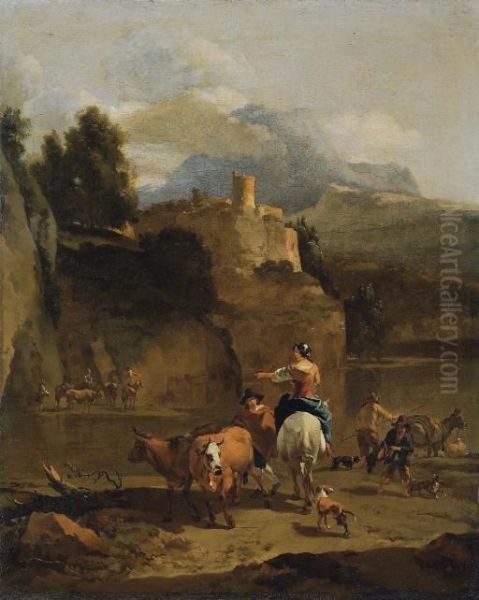 A Mountainous River Landscape With A Herd Of Cattle In The Foreground, A Tower Beyond Oil Painting by Nicolaes Berchem