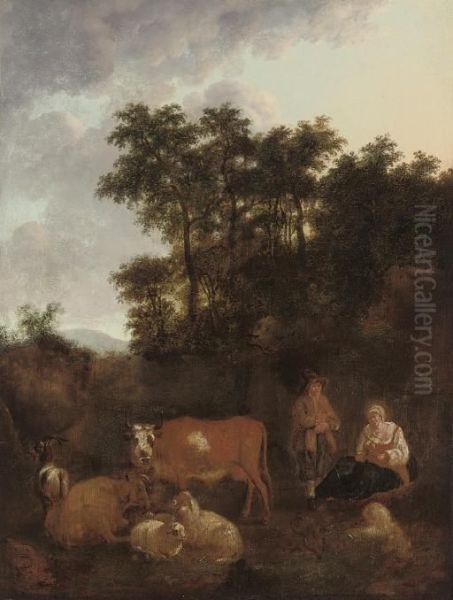 A Wooded Landscape With A Shepherd And Shepherdess With Their Flock And Cattle Oil Painting by Nicolaes Berchem