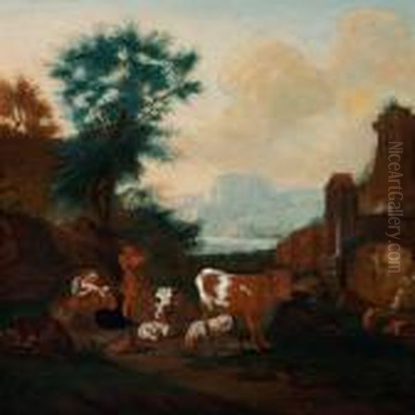 Herdsmen With Their Cattle In A River Landscape Oil Painting by Nicolaes Berchem