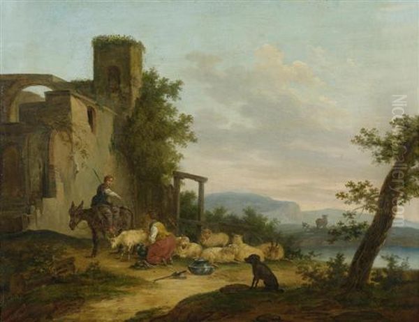 Hirten Mit Schafen Vor Ruine. Oil Painting by Nicolaes Berchem