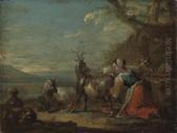 A Goatherd Milking In A River Landscape Oil Painting by Nicolaes Berchem