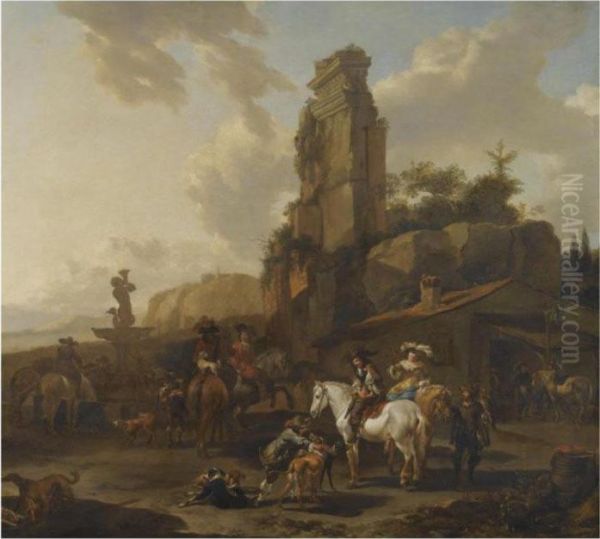 An Italianate Landscape With A Hawking Party Resting By A Fountain Oil Painting by Nicolaes Berchem