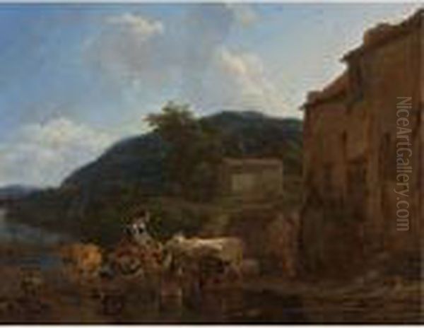 A River Landscape With Cattle, Peasants And Their Horses At A Watering-place Oil Painting by Nicolaes Berchem