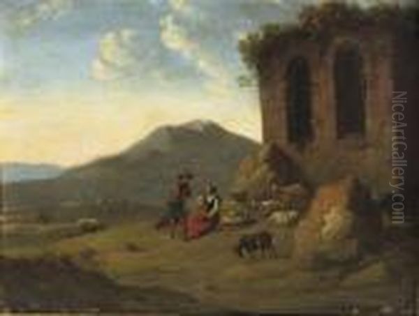 An Italianate Landscape With A 
Goatherd Conversing With A Peasant Woman Near Ancient Ruins Oil Painting by Nicolaes Berchem