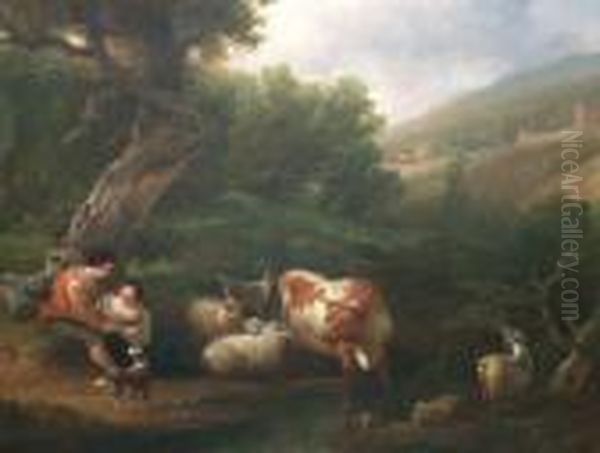 A Young Couple Seated By A Stream With Watering Cattle Oil Painting by Nicolaes Berchem