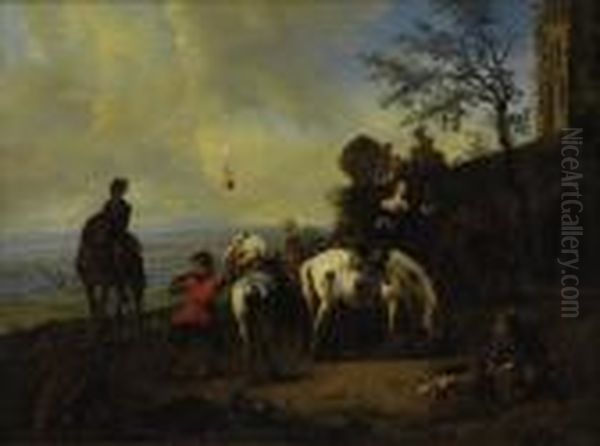 Italianate Landscape With Figures Preparing For A Hunt Oil Painting by Nicolaes Berchem