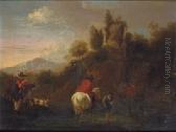 A Wooded Mountainous Landscape 
With Cattle, Sheep And Goats In The Foreground, Classical Ruins Beyond Oil Painting by Nicolaes Berchem