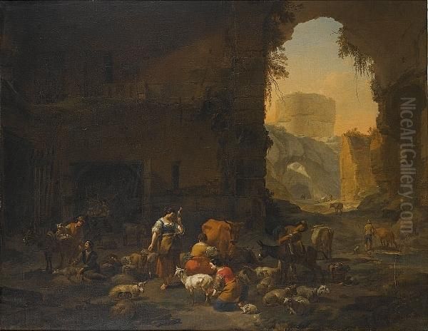 Milkmaids And Shepherds With 
Their Flock At The Mouth Of A Grotto, A Drover Watering His Cattle 
Beyond Oil Painting by Nicolaes Berchem