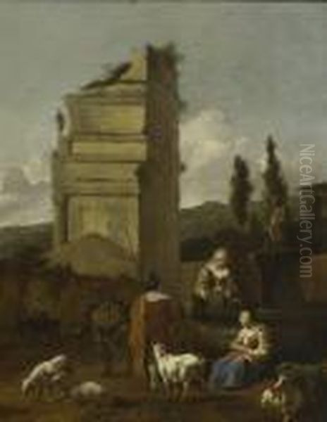 Hirten Mit Schafen Und Ziegen Am Brunnen Oil Painting by Nicolaes Berchem