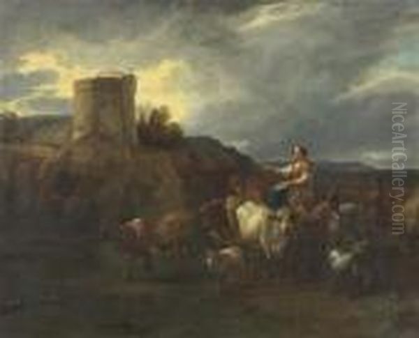 Italienische Landschaft Mit Hirten. Oil Painting by Nicolaes Berchem