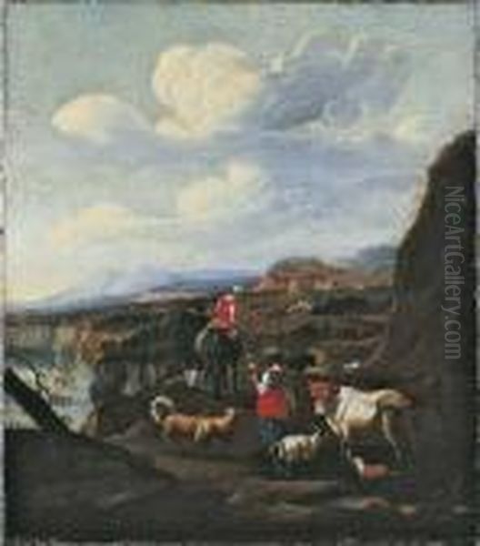 Sudliche Landschaft Mit Figuren Und Weidendem Vieh. Oil Painting by Nicolaes Berchem