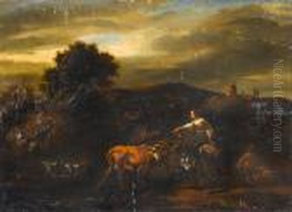 An Italianate Landcape With A Cowherd And Milkmaid Watering Their Livestock Oil Painting by Nicolaes Berchem