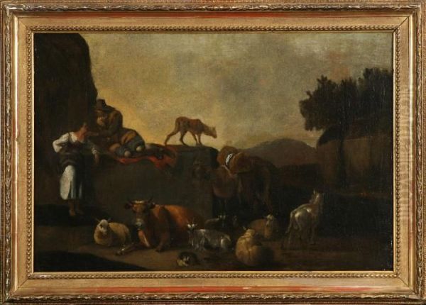 Hans Art, Landskap Med Figurer Och Boskap Oil Painting by Nicolaes Berchem