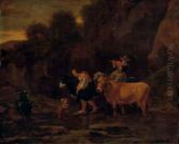 A Shepherd And Shepherdess With Cattle In A Landscape Oil Painting by Nicolaes Berchem