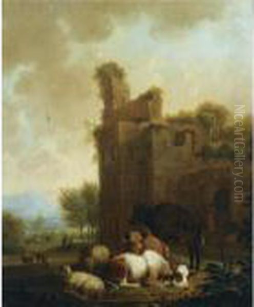 A Shepherd And A Shepherdess 
Milking A Cow Together With Their Sheep In An Italianate Landscape Oil Painting by Nicolaes Berchem