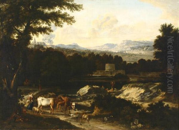 Landscape With Cattle Drover Oil Painting by Nicolaes Berchem