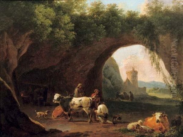 Peasants With Their Cattle And Sheep By The Entrance To A Grotto Oil Painting by Nicolaes Berchem