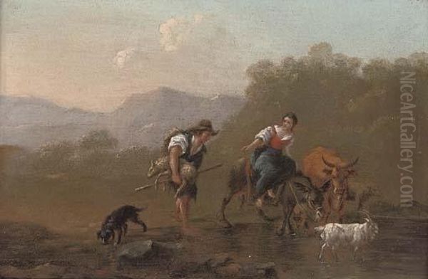 A Drover And A Shepherdess 
Fording A River; And A River Landscape With A Drover And His Family At 
Rest On A Bank Oil Painting by Nicolaes Berchem