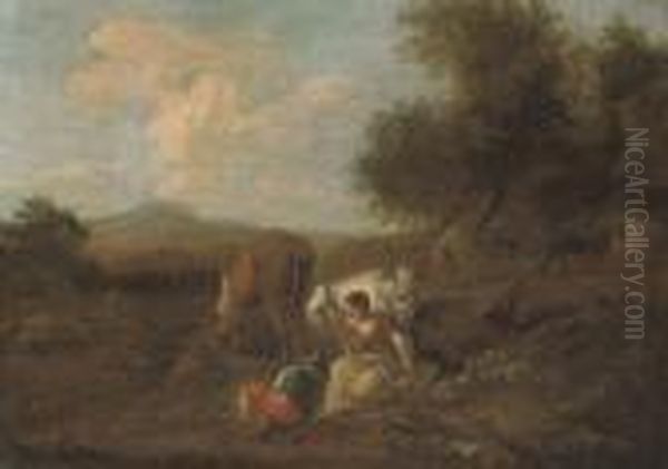 A Wooded Landscape With Figures And Cattle At Rest, A Ploughman Beyond Oil Painting by Nicolaes Berchem