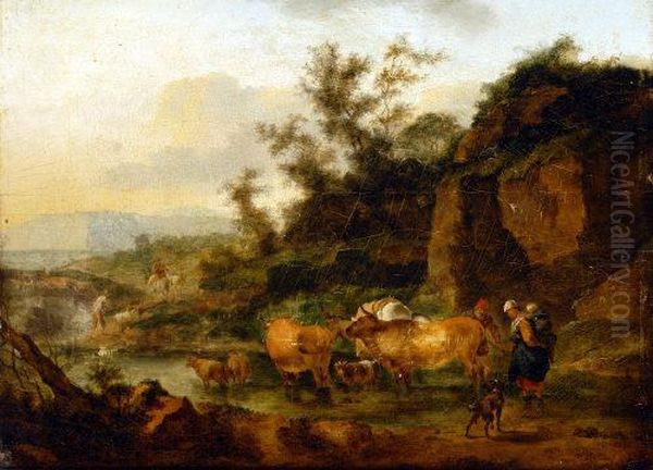 Horned Cattle And Figures, Watering By A Stream Oil Painting by Nicolaes Berchem