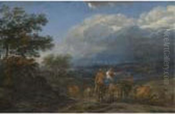 A Hilly Landscape With Herdsmen And Cattle Oil Painting by Nicolaes Berchem