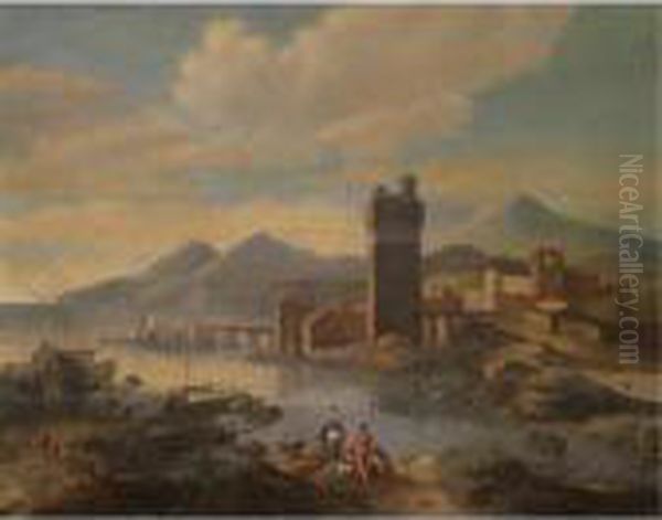 An Estuary Scene With Drovers And A Classicising Town Beyond Oil Painting by Nicolaes Berchem