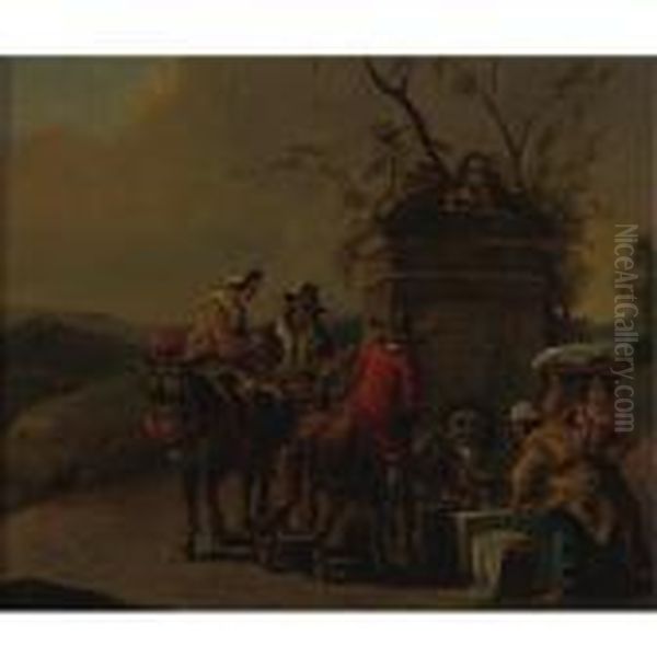 Travelers Resting At A Fountain Oil Painting by Nicolaes Berchem