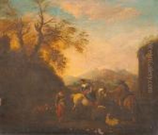 An Italianate Landscape With Peasants And Livestock Oil Painting by Nicolaes Berchem