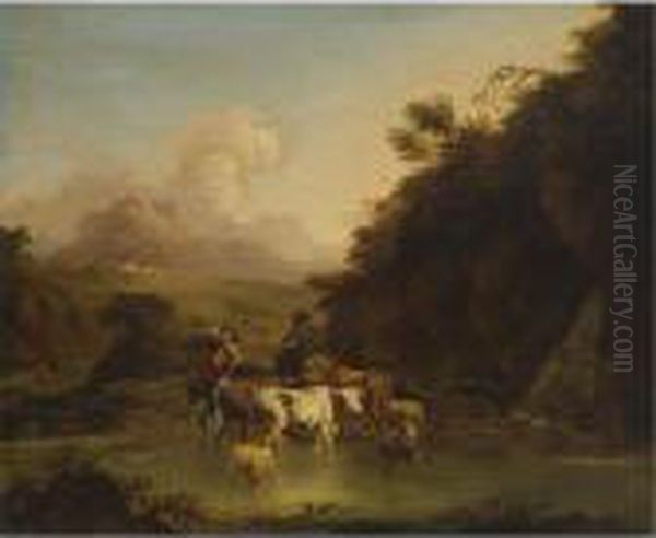 A Drover Passing Through A Stream With His Cattle Accompanied By A Peasant Woman Oil Painting by Nicolaes Berchem