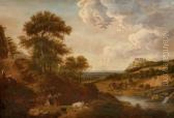 A Wooded Landscape With Bentheim Castle In The Distance Oil Painting by Nicolaes Berchem