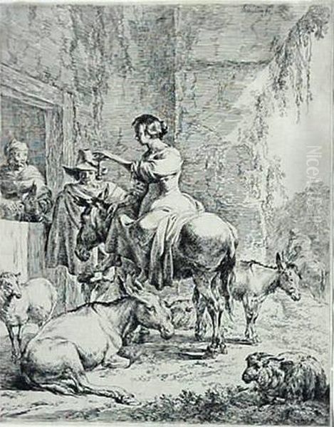 The Halt At The Inn- Etching Trimmed To Plate Line. 10 3/8 X 8'' Oil Painting by Nicolaes Berchem